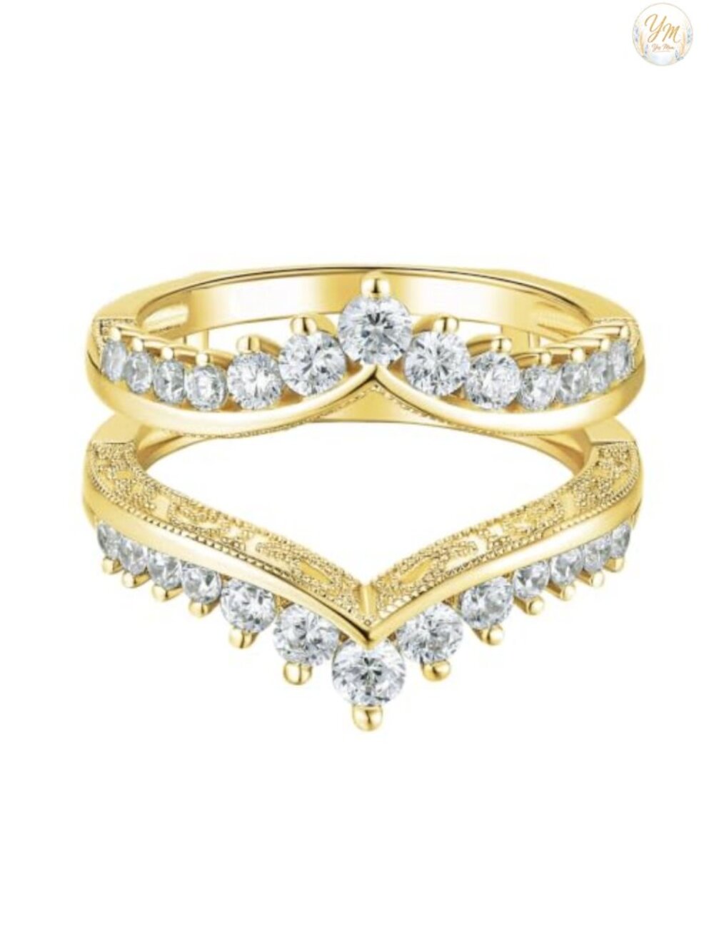 Vintage Crown Ring Enhancer Wedding Guard CZ Chevron Milgrain